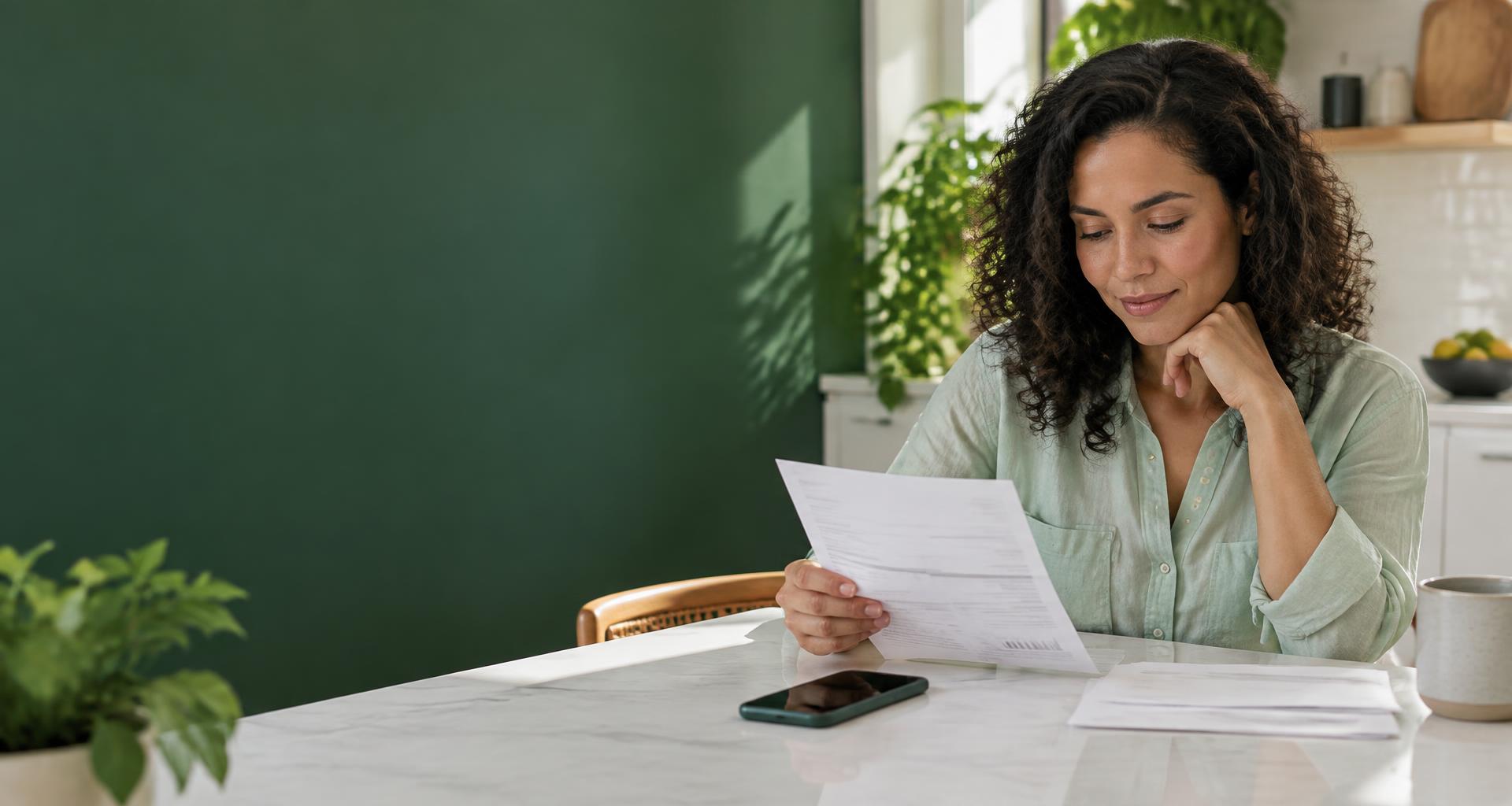 Woman reviewing a bill beside her phone